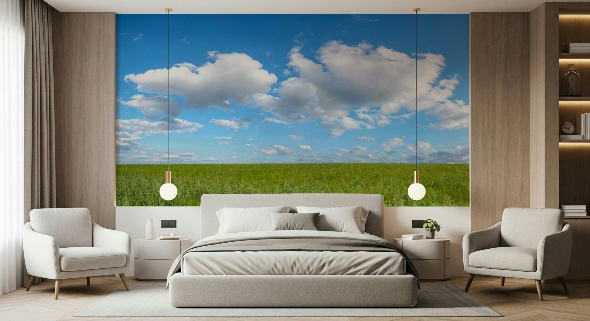 Fluffy white clouds Grassland Under Sky Wall Mural