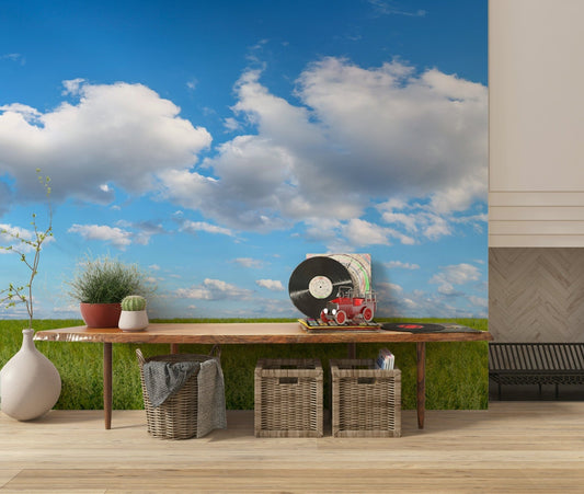 Vast green field Grassland Under Sky Wall Mural