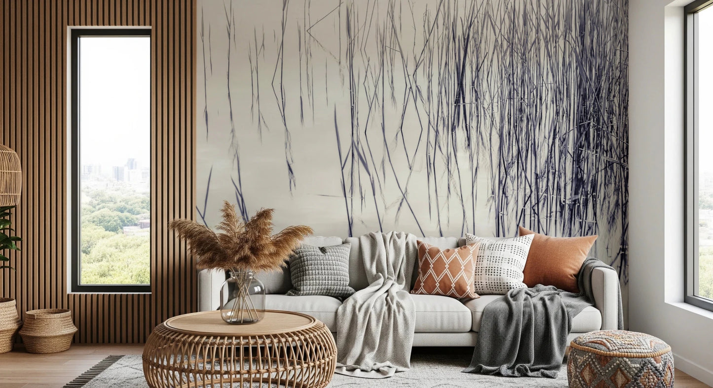 Cozy seating corner framed with Grassy Reflections Wall Mural and fine reed forms, GD8636