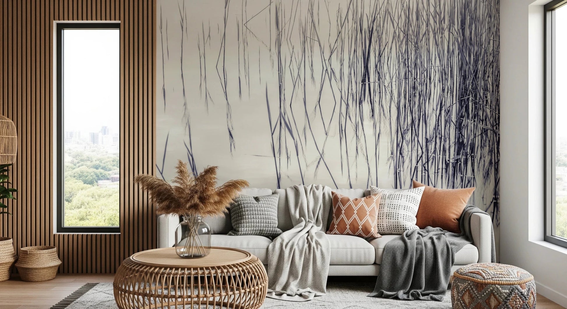 Cozy seating corner framed with Grassy Reflections Wall Mural and fine reed forms, GD8636