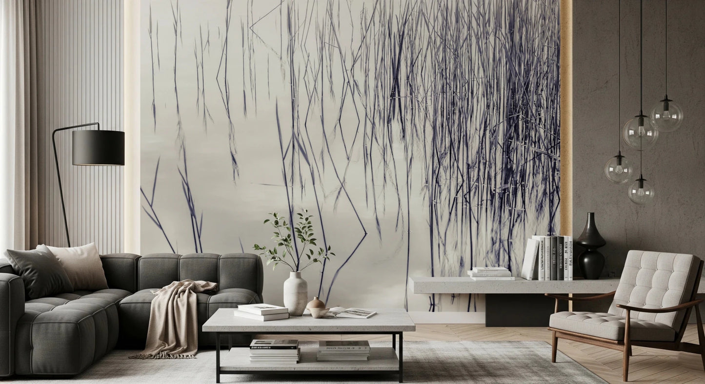 Living setup featuring Grassy Reflections Wall Mural with soft reflective lines, GD8636