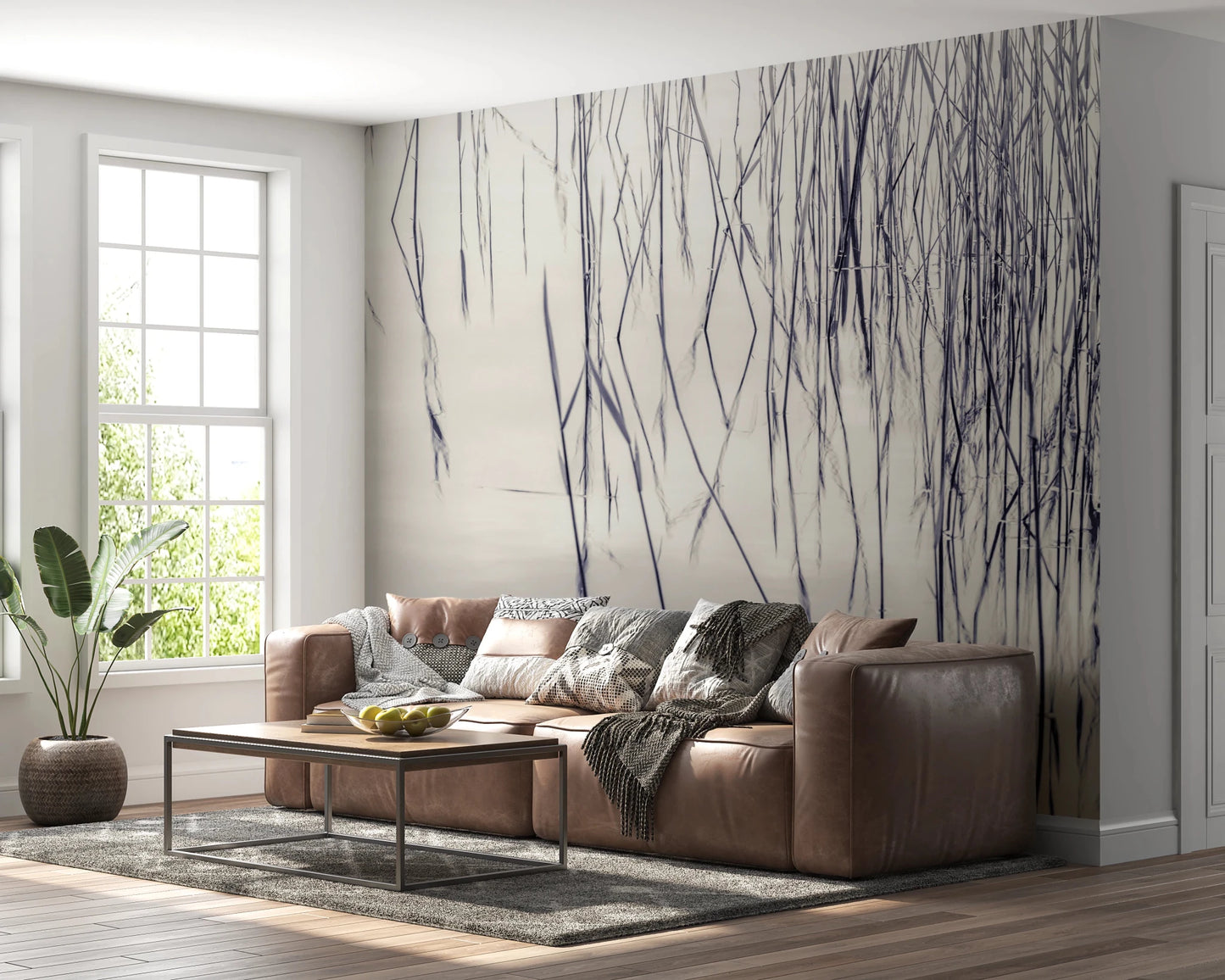 Modern living room shows Grassy Reflections Wall Mural with airy vertical detailing, GD8636