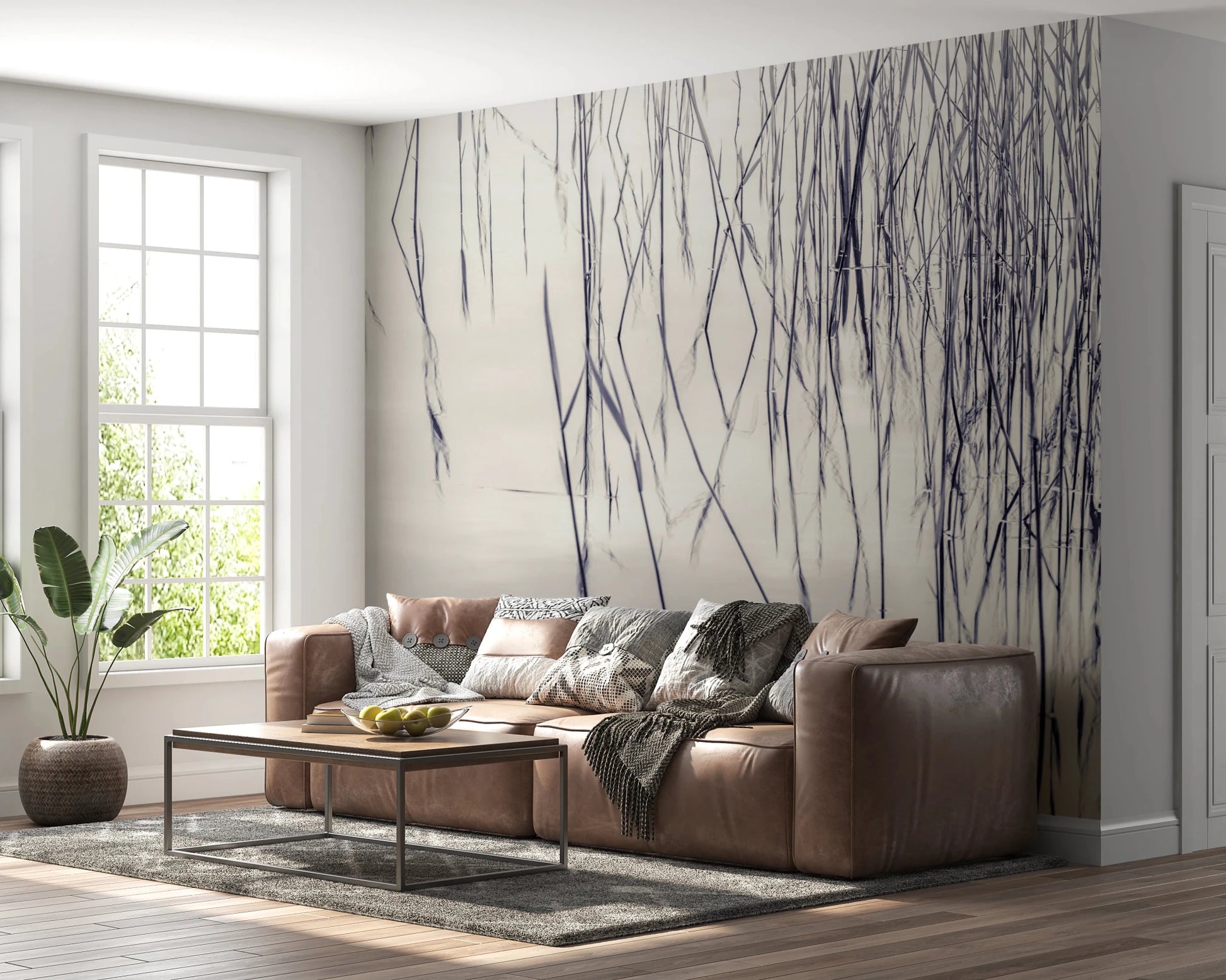 Modern living room shows Grassy Reflections Wall Mural with airy vertical detailing, GD8636