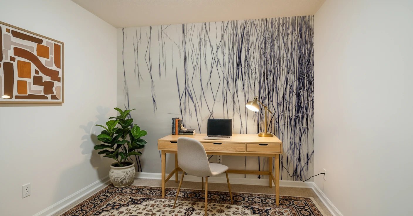 Home office space paired with Grassy Reflections Wall Mural and minimal reed lines, GD8636