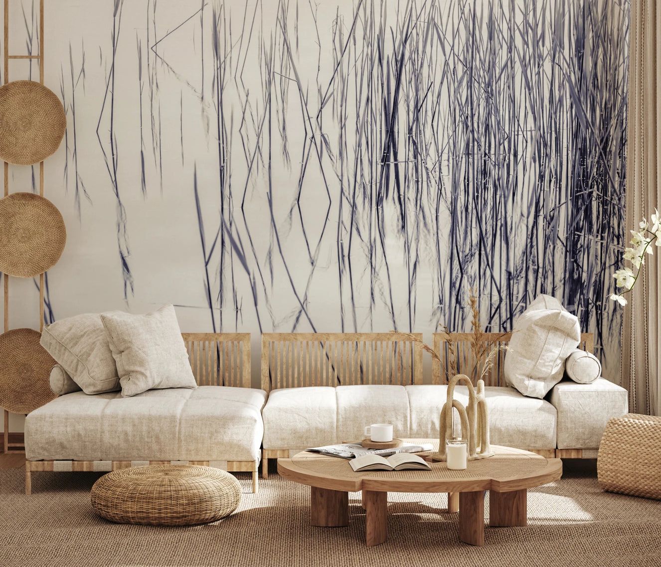 Living room styled with Grassy Reflections Wall Mural in calm reed pattern backdrop