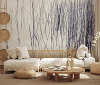 Living room styled with Grassy Reflections Wall Mural in calm reed pattern backdrop, GD8636