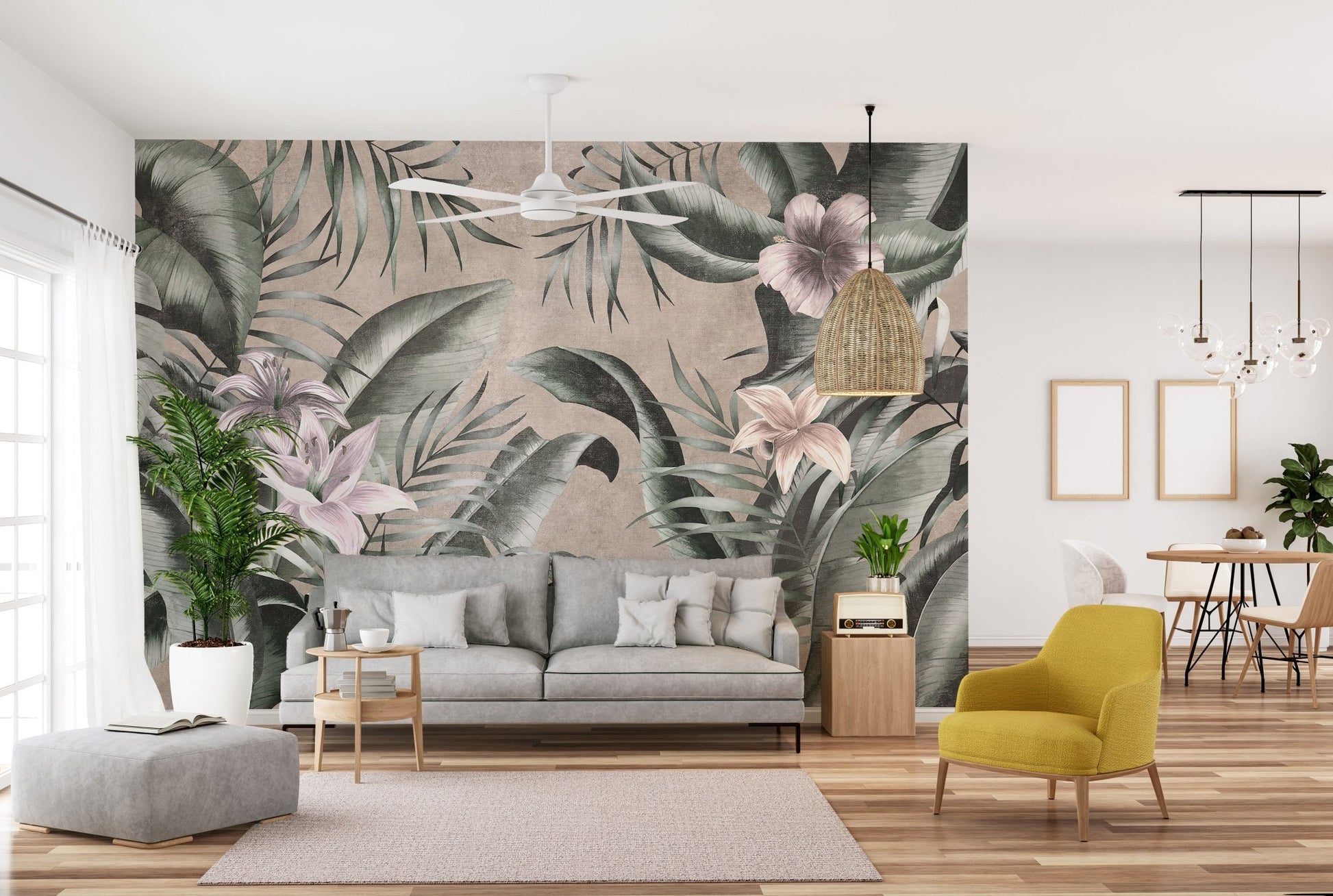 Gray floral wallpaper with leaves
