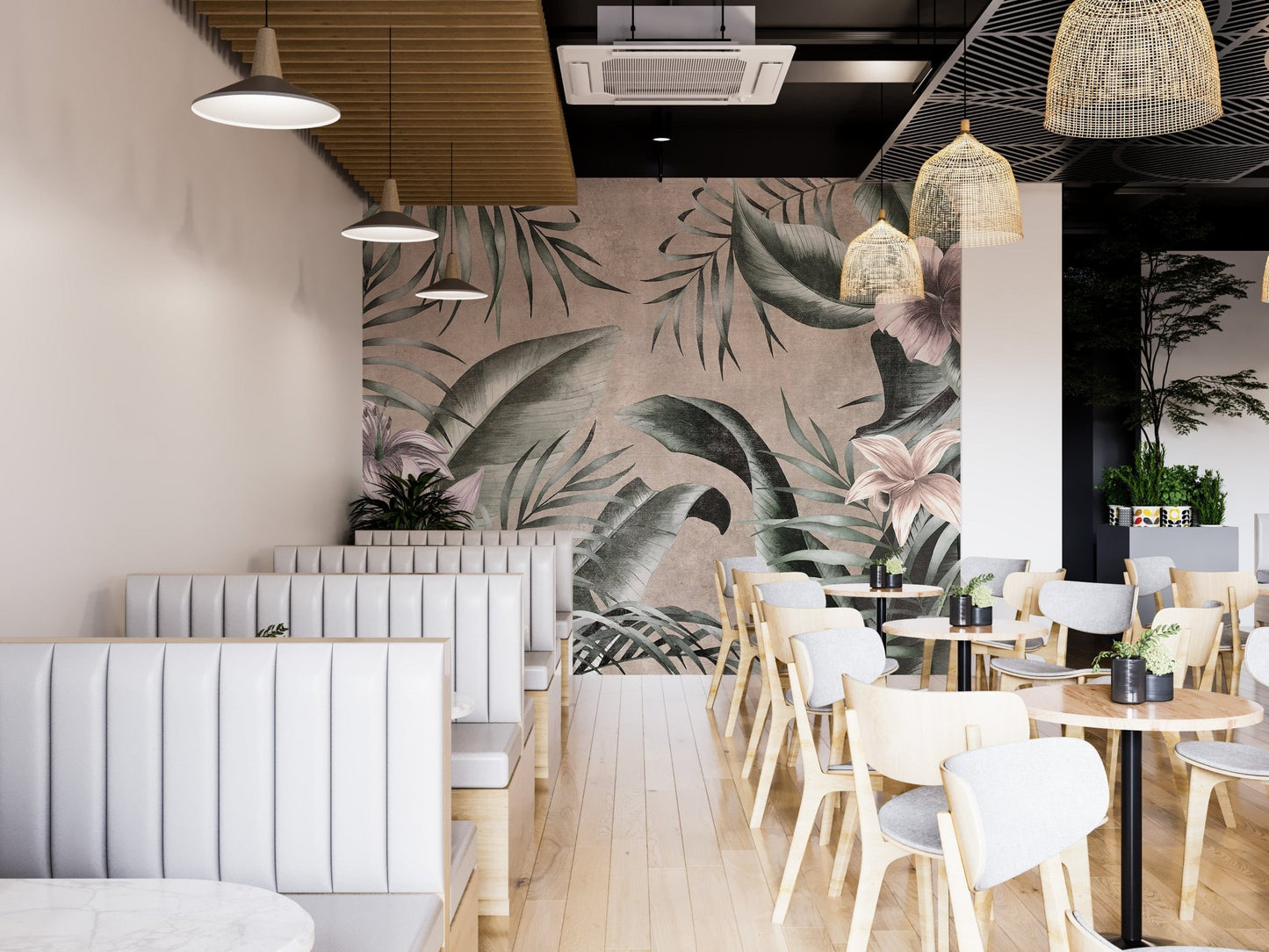 Gray background Floral Large Green Leaves Wallpaper Mural