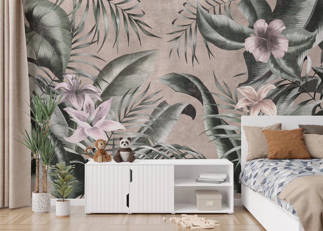 Gray floral green leaves mural
