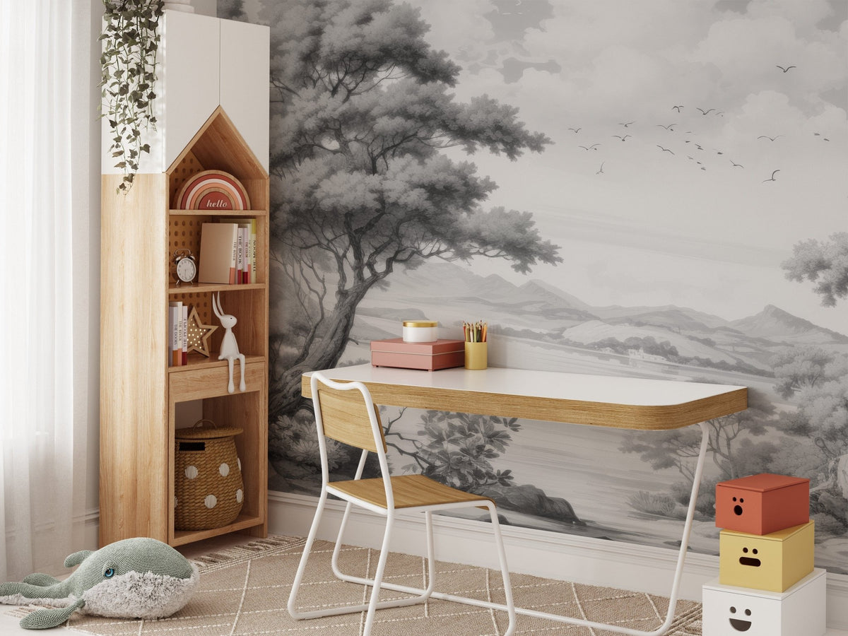 Gray sketched town wallpaper mural A366
