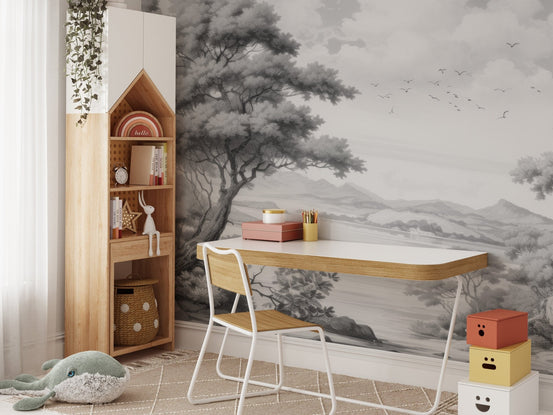 Gray sketched town wallpaper mural A366
