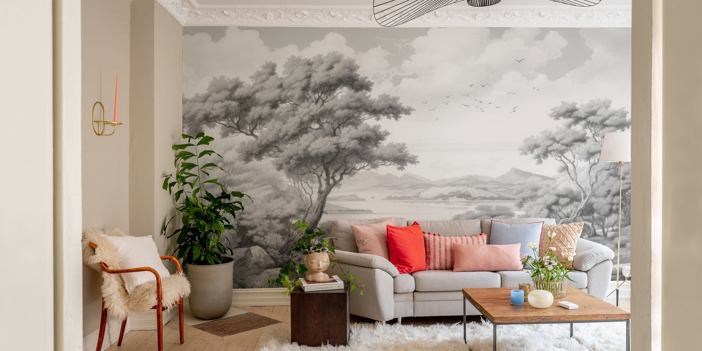 Monochrome sketched town wallpaper art
