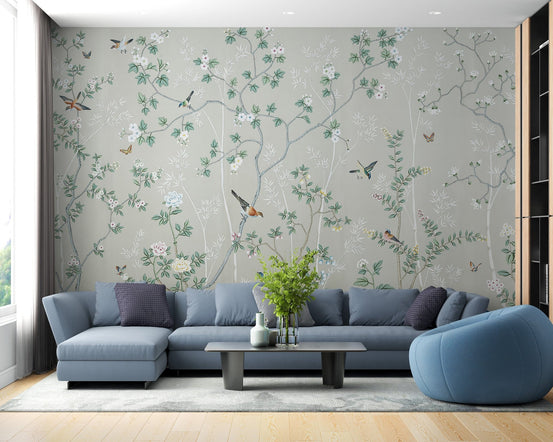 Gray and green Chinoiserie leaf wallpaper B265