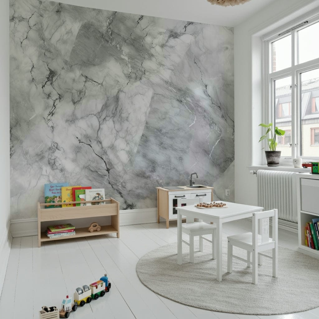 A beautiful subtle gray marble wallpaper mural with fluid, white and black veins.
