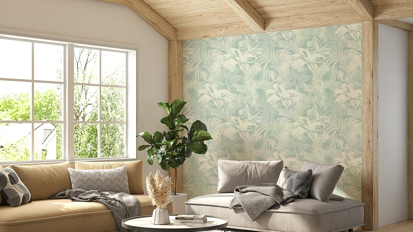 Wall mural with gray palm trees.
