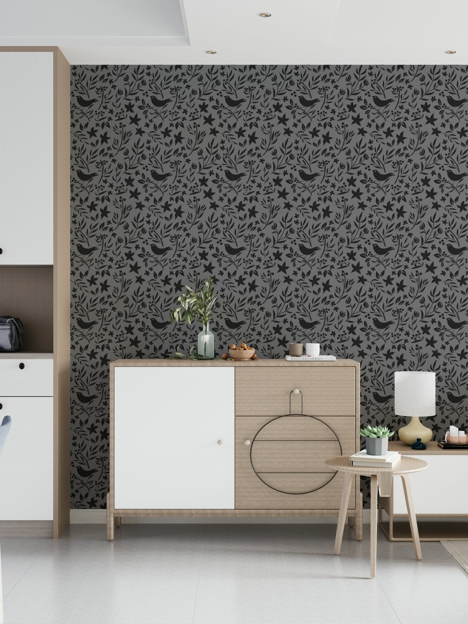 Monochrome botanical repeat for Scandinavian Folk Bird Wallpaper mural art.