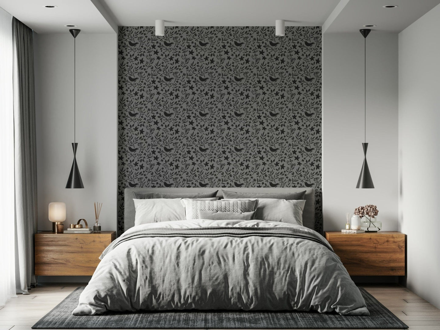 Gray silhouette pattern defines Scandinavian Folk Bird Wallpaper for walls.
