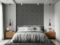 Gray silhouette pattern defines Scandinavian Folk Bird Wallpaper for walls.