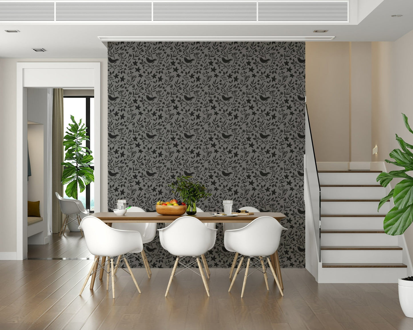 Symmetrical folk design of Scandinavian Folk Bird Wallpaper mural.