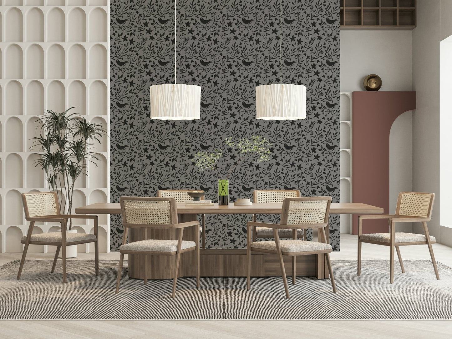 Layered floral shapes gives depth to Scandinavian Folk Bird Wallpaper pattern.