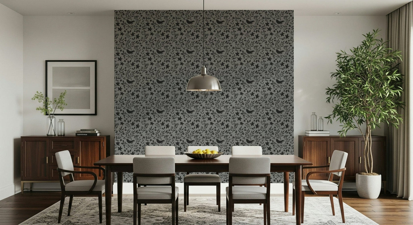 Scattered berries and leaves in Scandinavian Folk Bird Wallpaper detailed design.