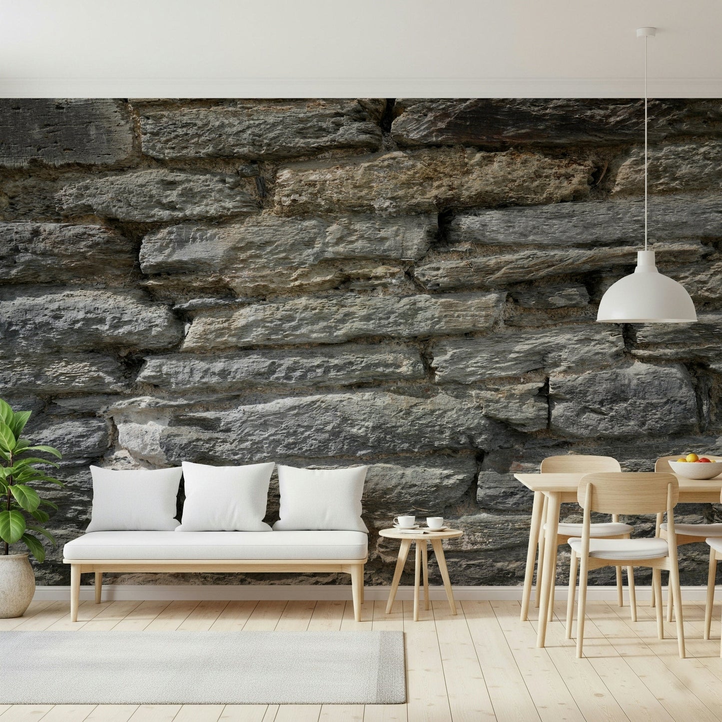 Gray stone texture mural in a minimalist entryway., GD6061