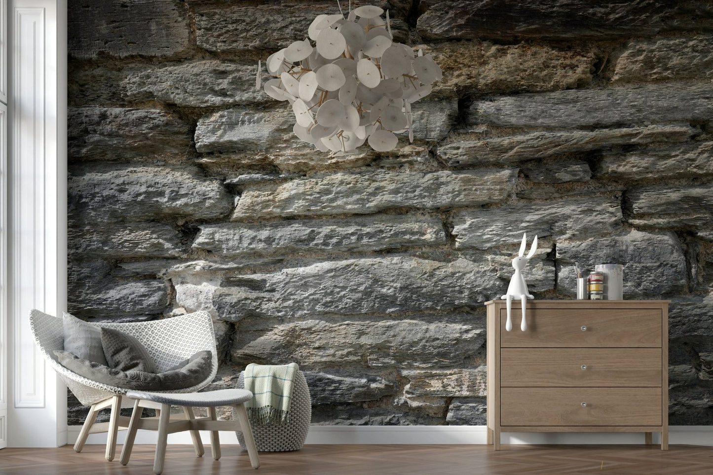 Gray stone wallpaper texture in a sleek hallway., GD6061