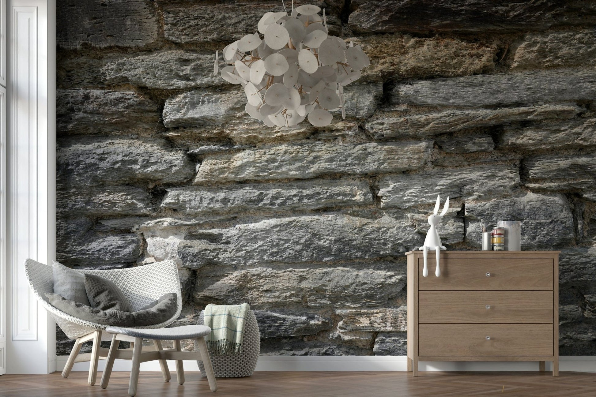 Gray stone wallpaper texture in a sleek hallway., GD6061