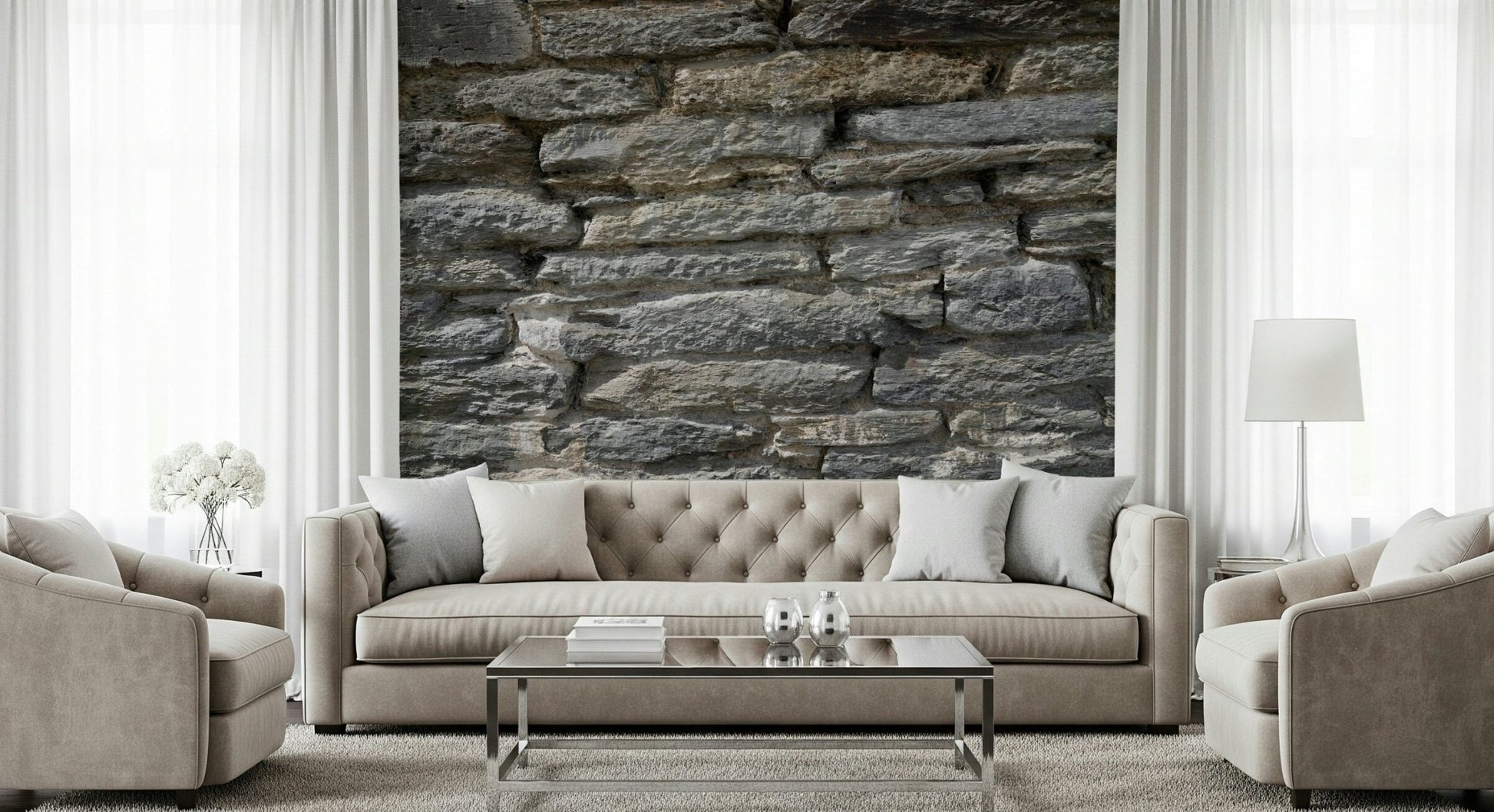 Industrial-style dining room with gray stone wallpaper., GD6061