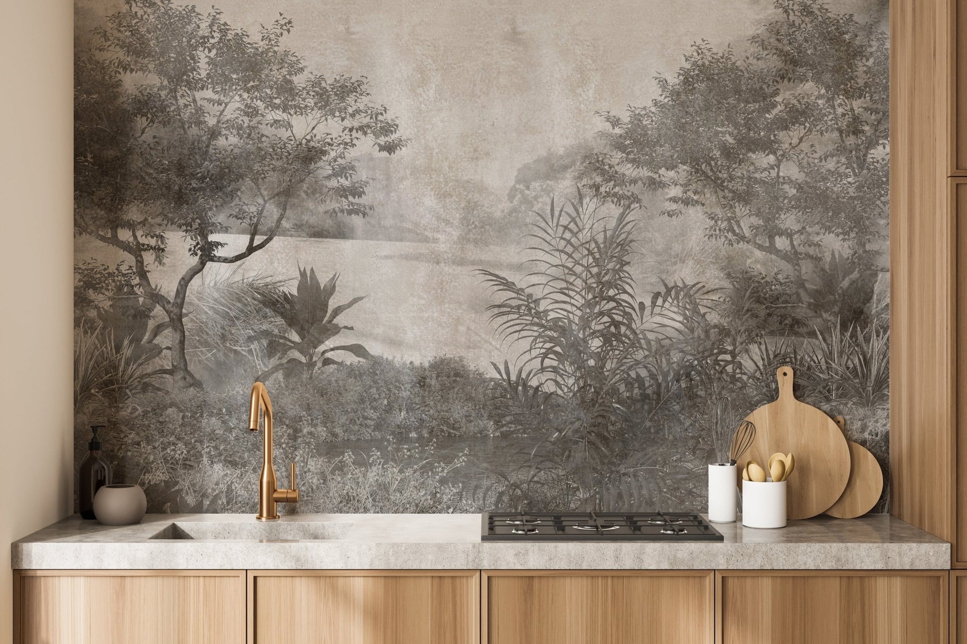 Gray Vintage Palm Tree Wallpaper Mural - Giffywalls