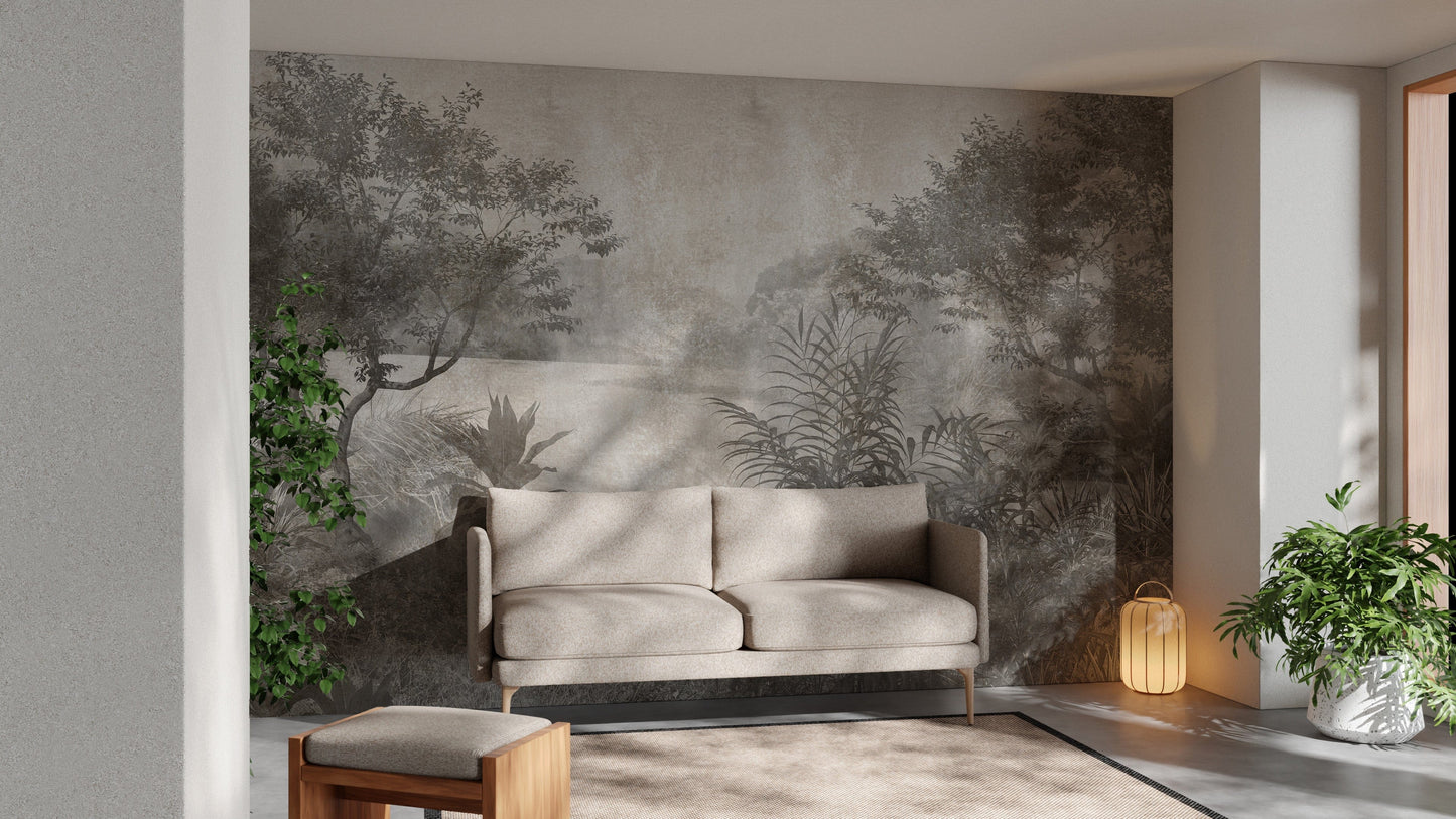 Elegant gray palm tree wall mural design
