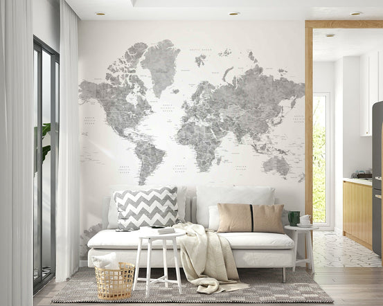 Gray watercolor world map wallpaper GD220

