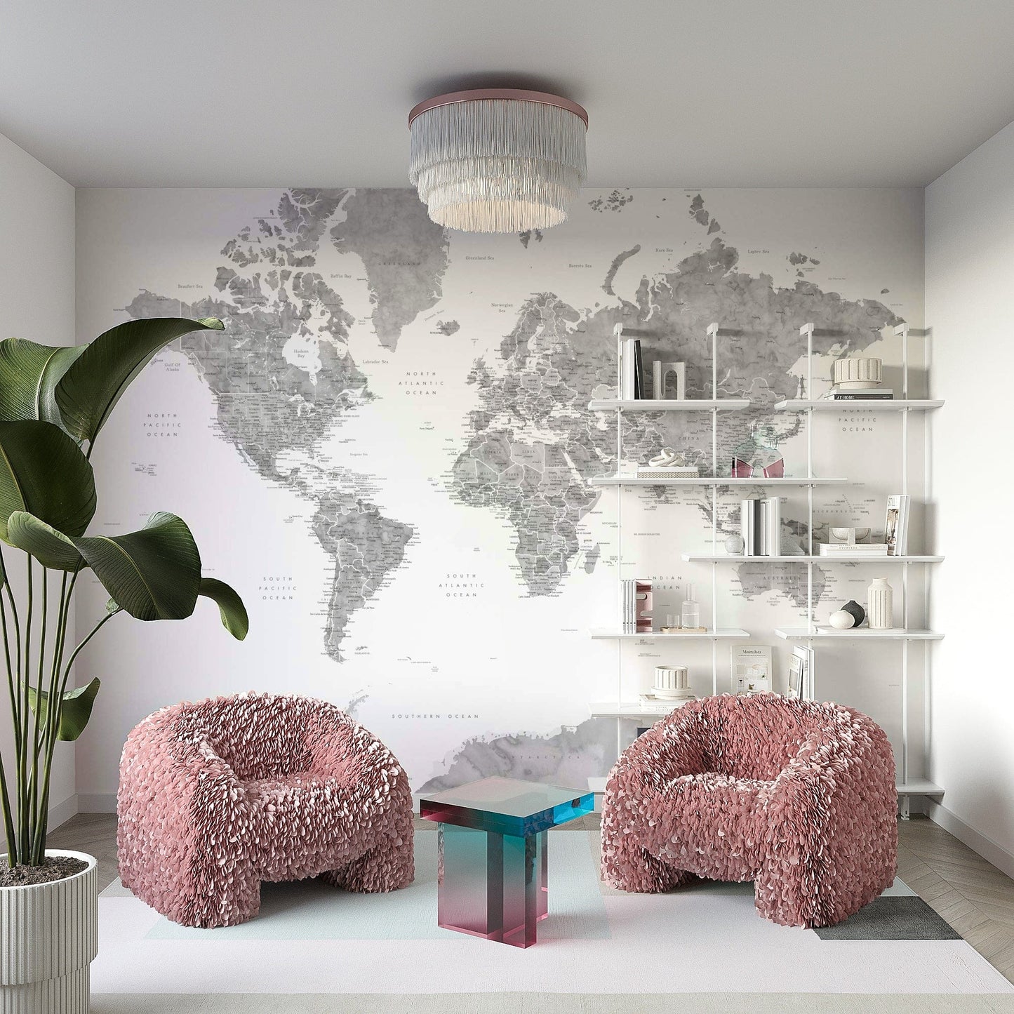 Watercolor gray world map decor

