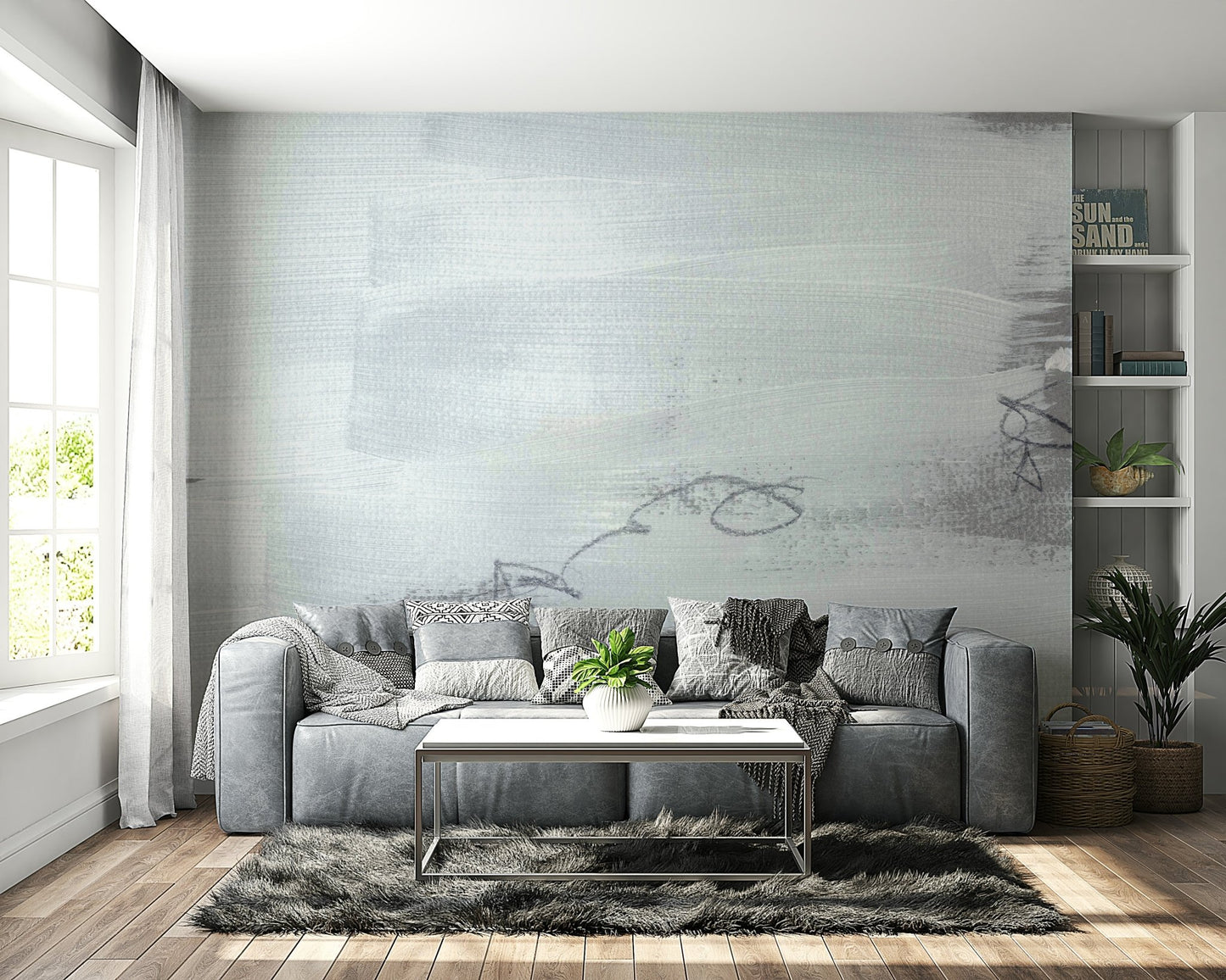 A peaceful modern abstract mural on decorative wallpaper., GD5163
