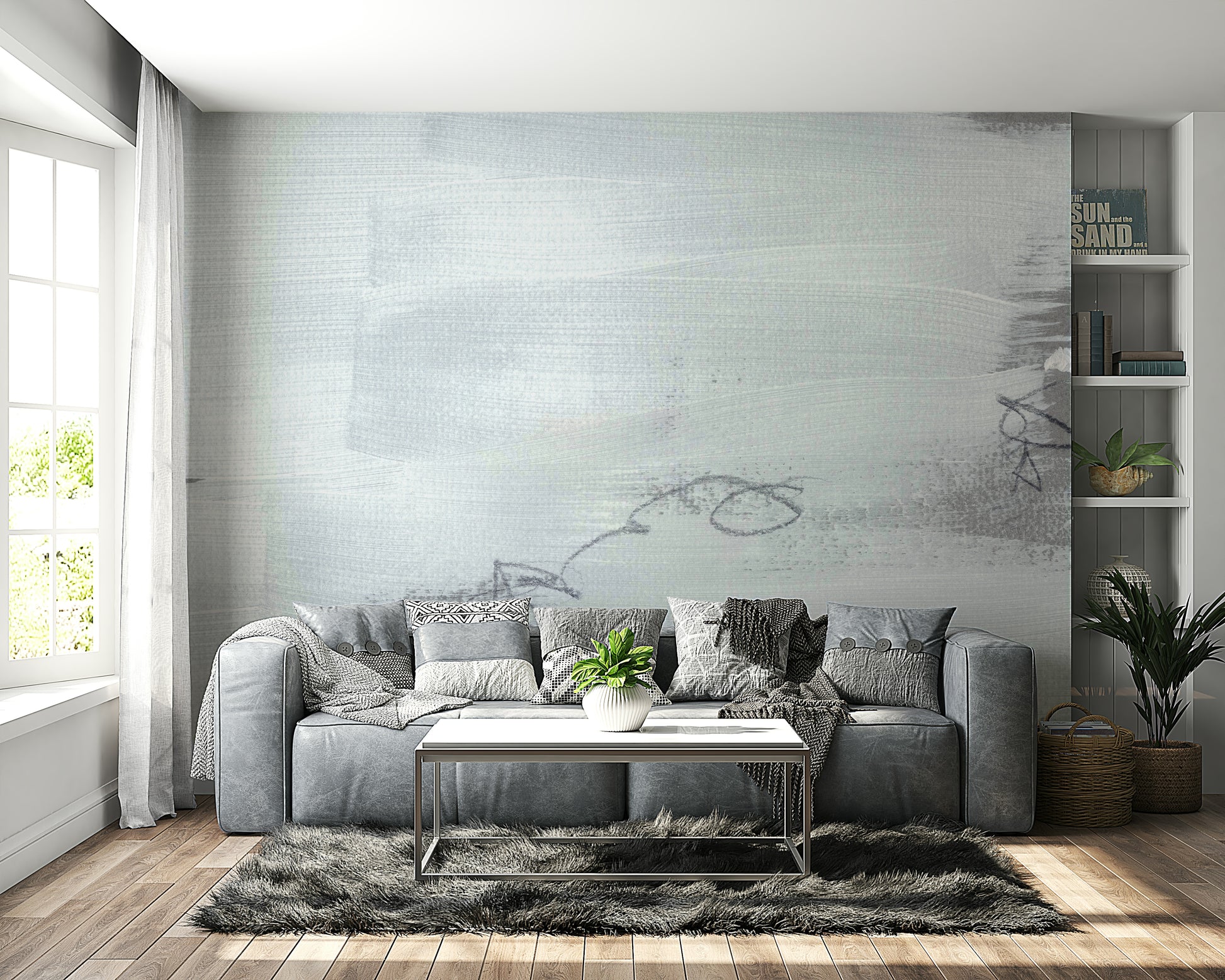 A peaceful modern abstract mural on decorative wallpaper.

