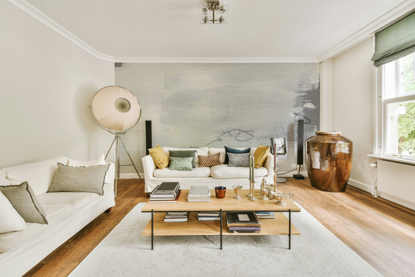 A beautiful gray and white abstract art wallpaper mural for a modern home.

