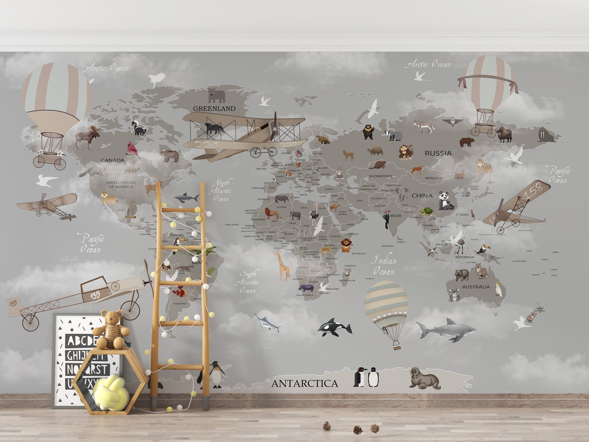 Gray World Map Kids Room Wallpaper - Giffywalls