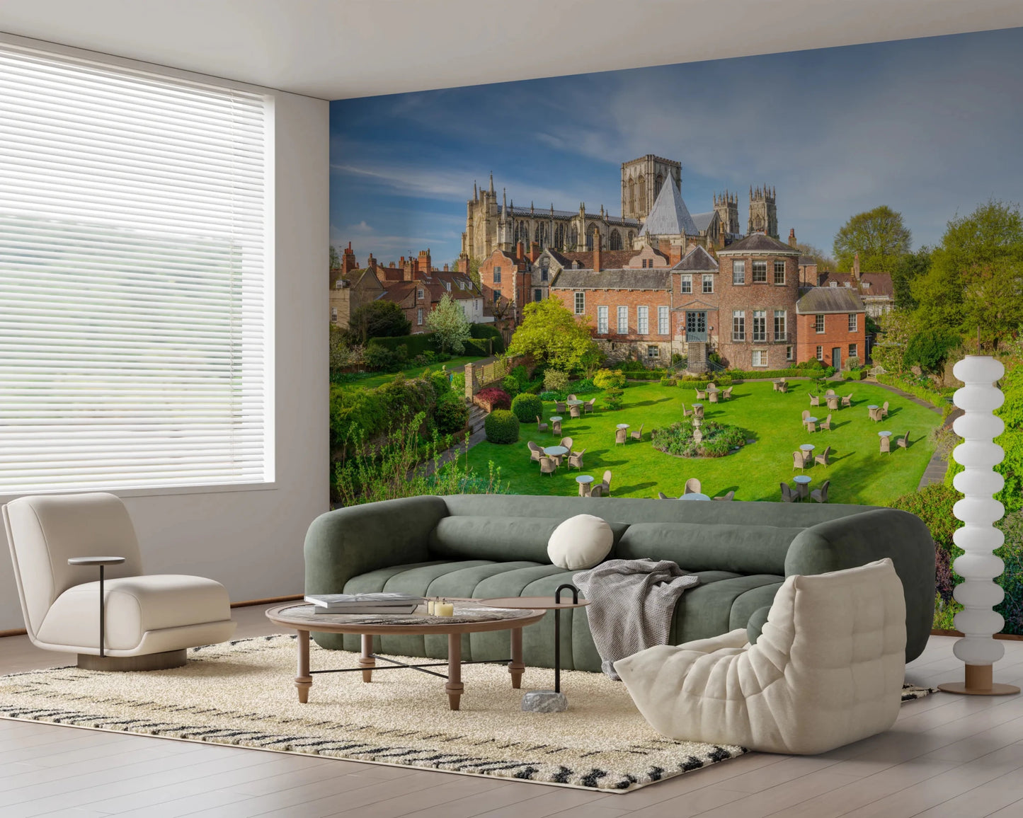 Indoor space with hanging chair complemented by Grays Court Hotel Wall Mural scenery
