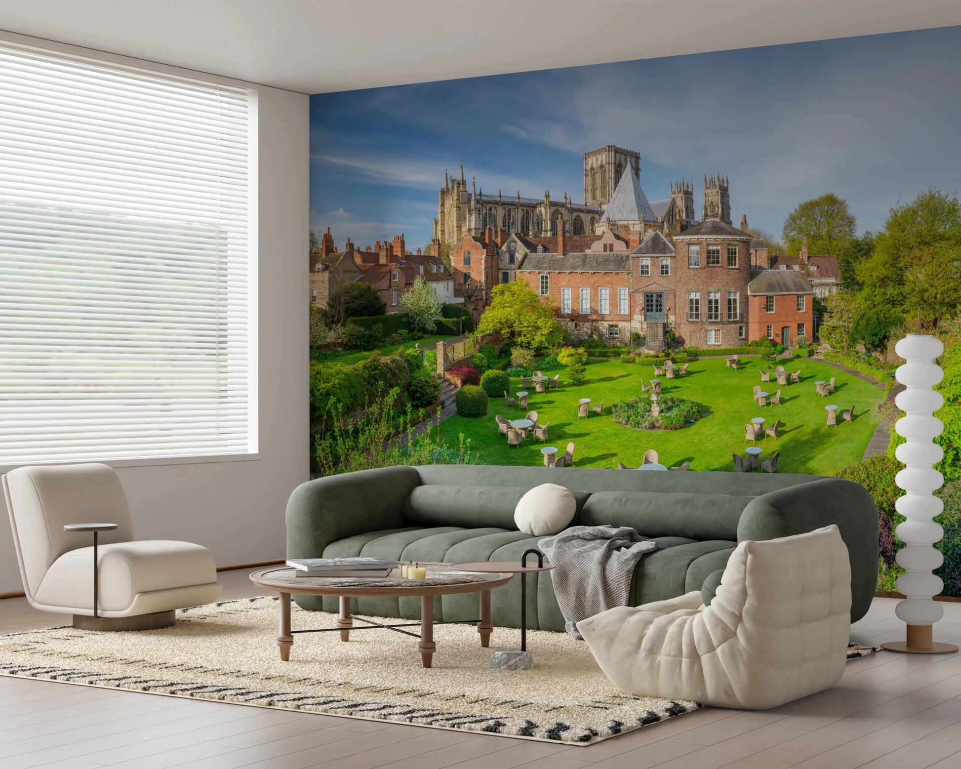 Indoor space with hanging chair complemented by Grays Court Hotel Wall Mural scenery