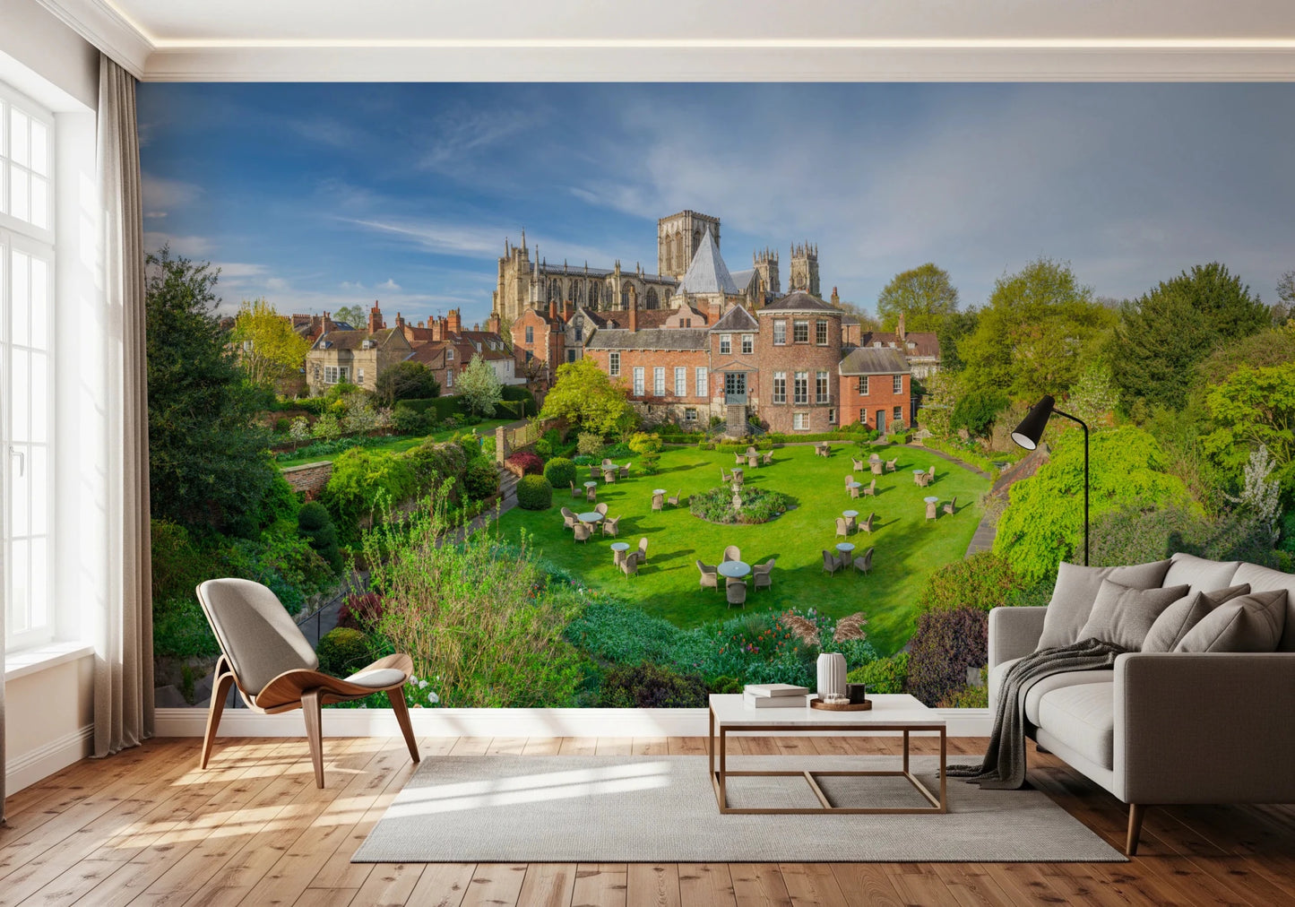 Relaxed seating zone enhanced through Grays Court Hotel Wall Mural and natural tones
