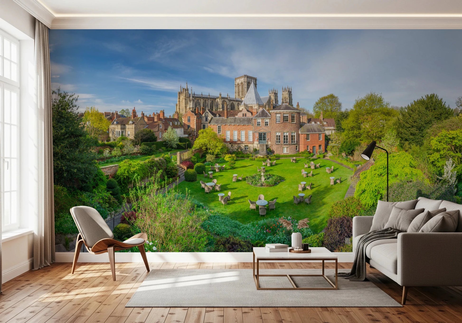 Relaxed seating zone enhanced through Grays Court Hotel Wall Mural and natural tones