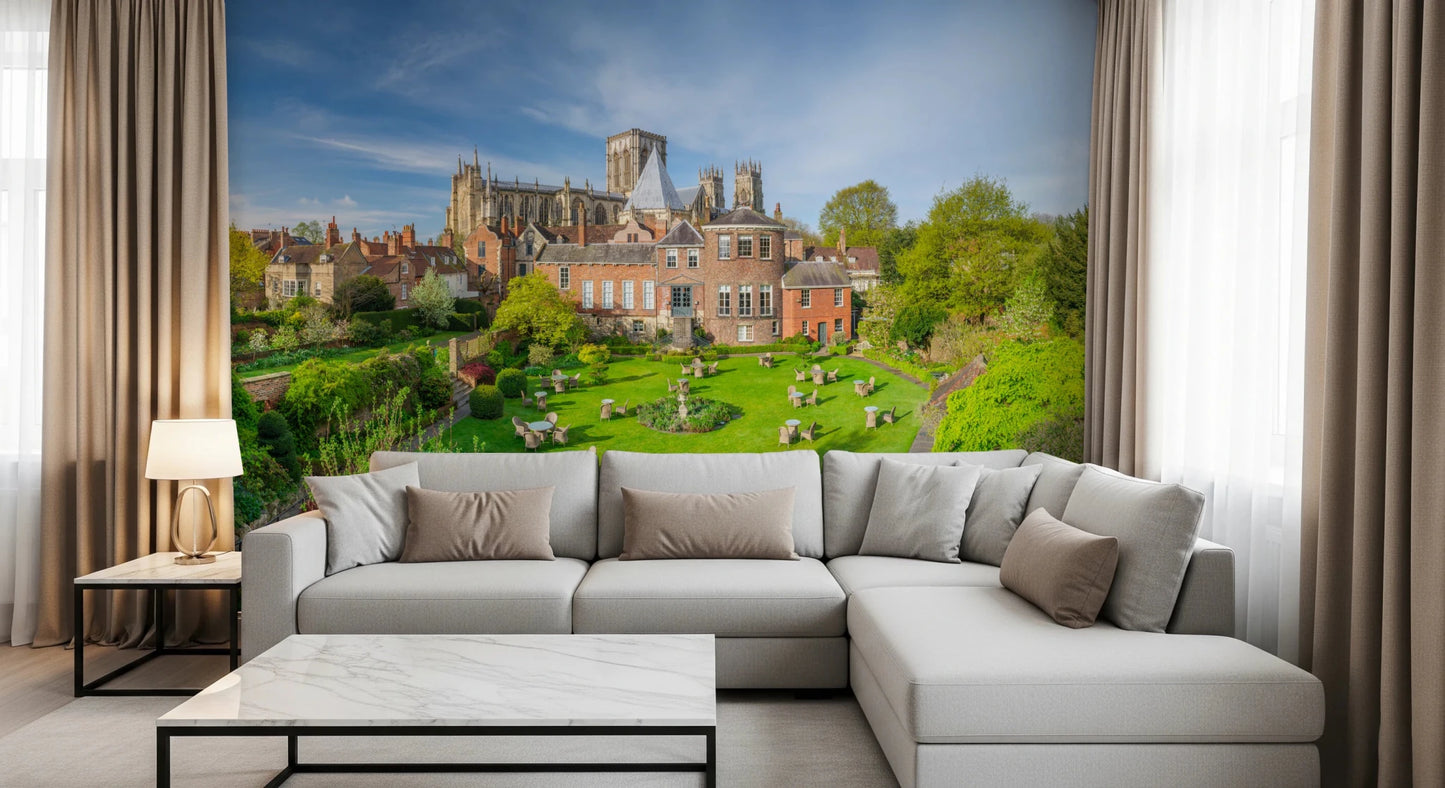 Clean modern sitting area styled with Grays Court Hotel Wall Mural as a focal backdrop