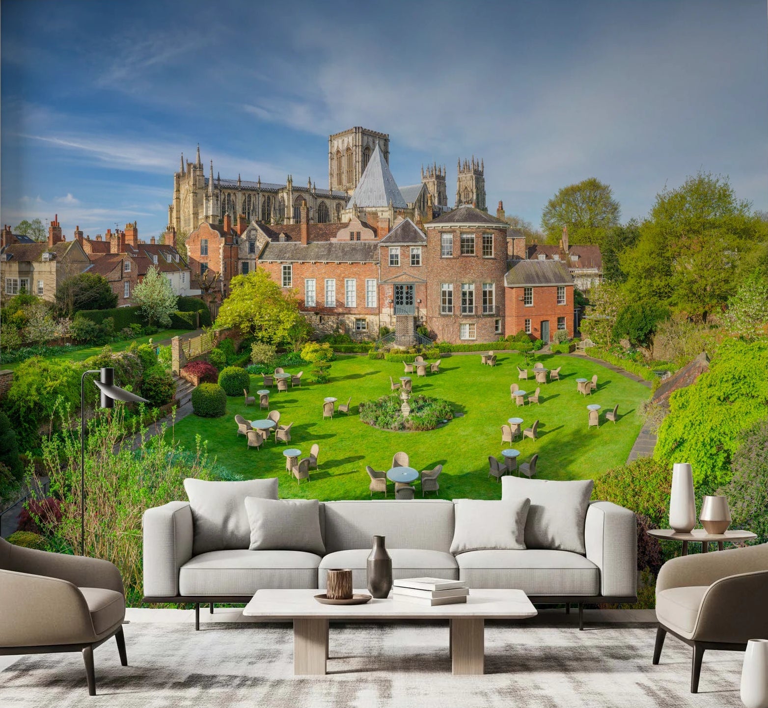 Bright living room setup showcasing Grays Court Hotel Wall Mural behind a neutral sofa, GD8342
