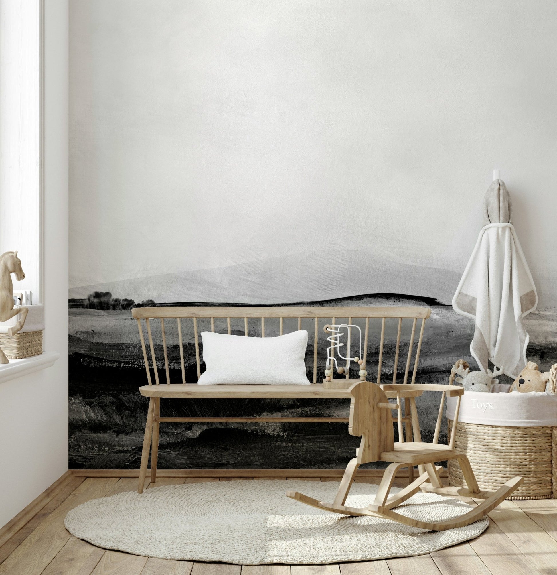 Atmospheric Grayscale Hills wallpaper mural in an office.