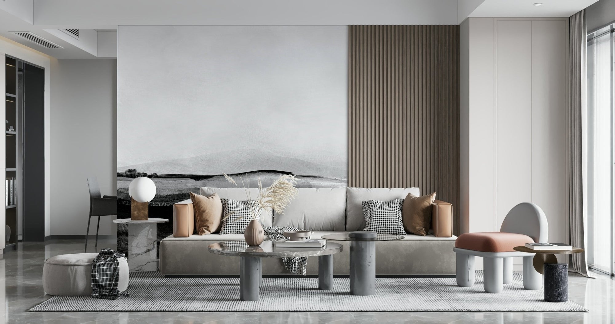 Grayscale Hills wall mural in a minimalist living room., GD6048