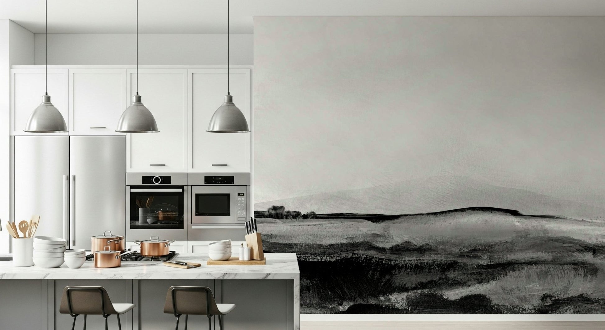 Sophisticated dining room with Grayscale Hills wall mural.
