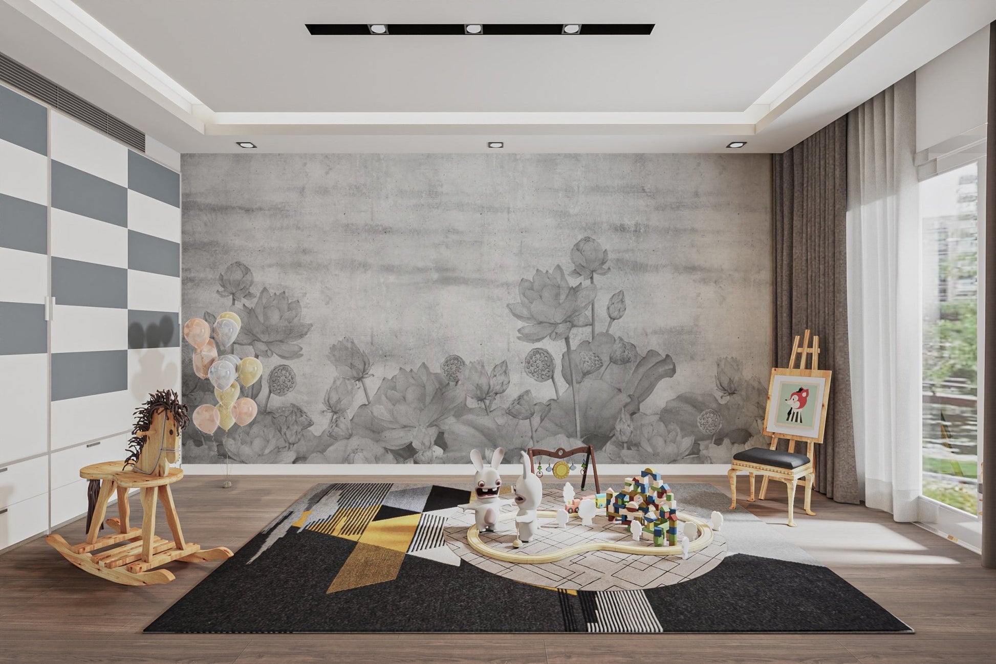 Grayscale lotus flower wallpaper mural
