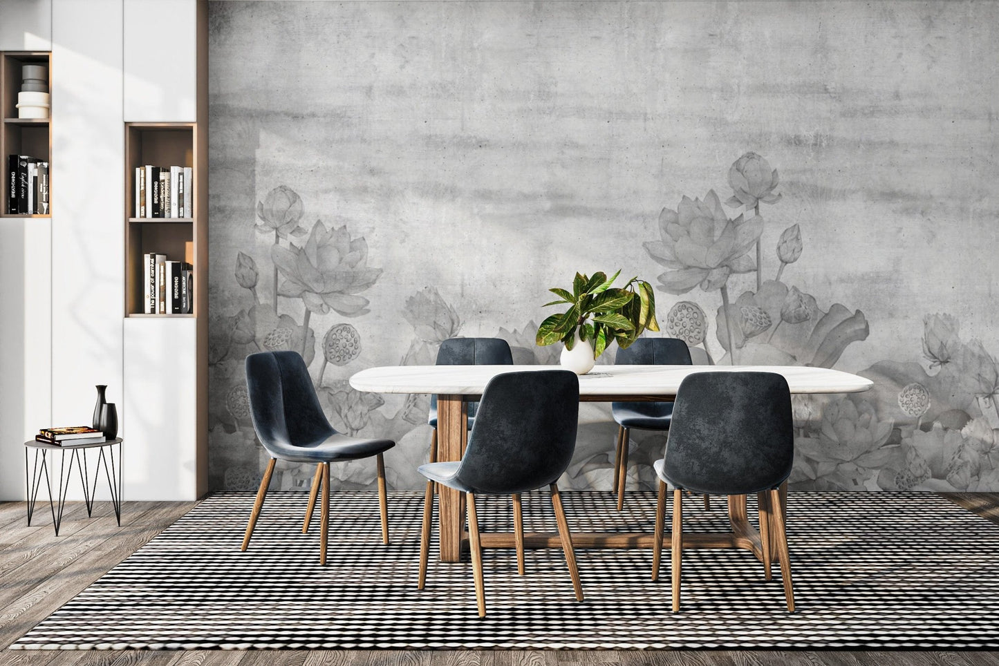 Textured grayscale floral wall design
