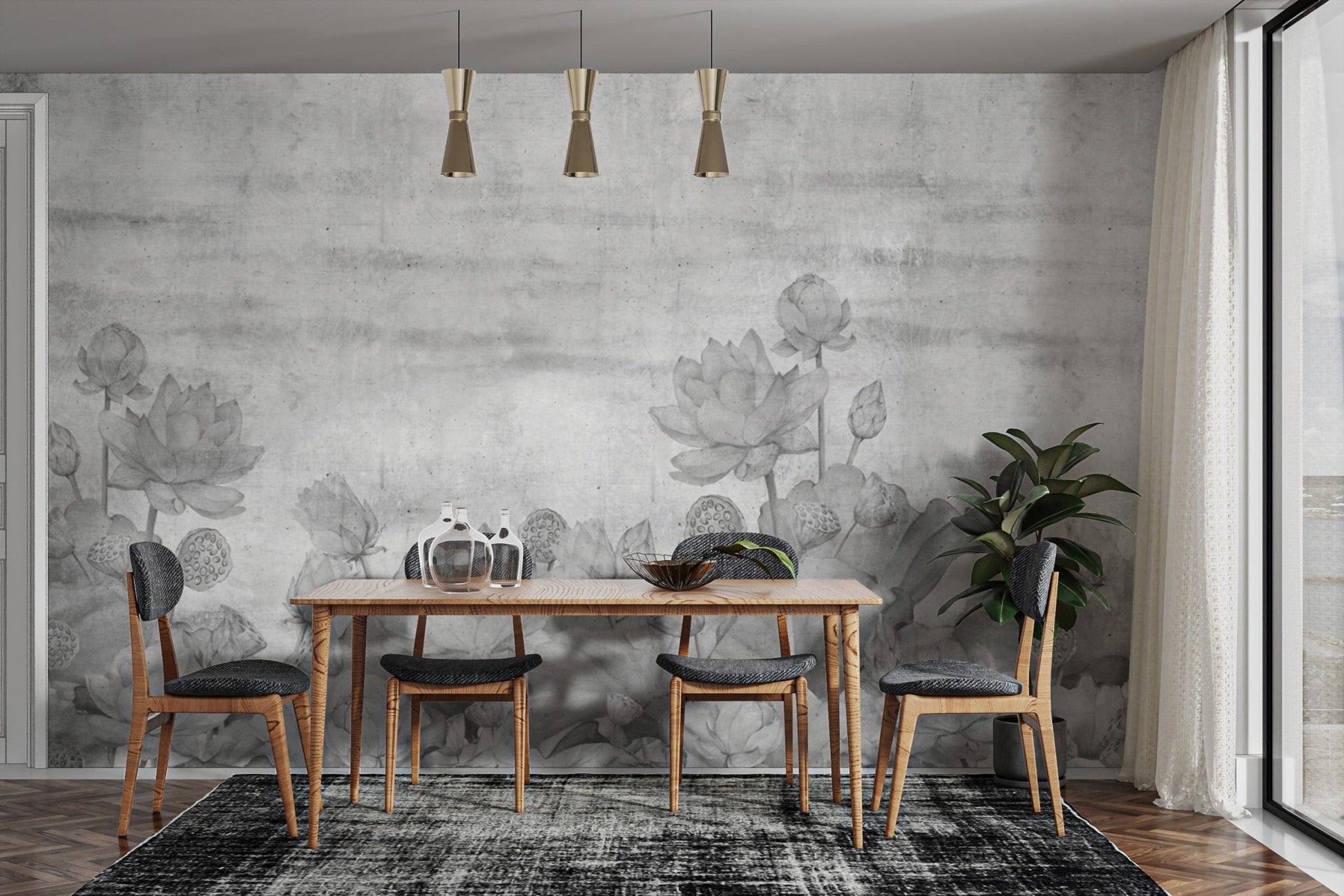 Elegant grayscale lotus wallpaper print
