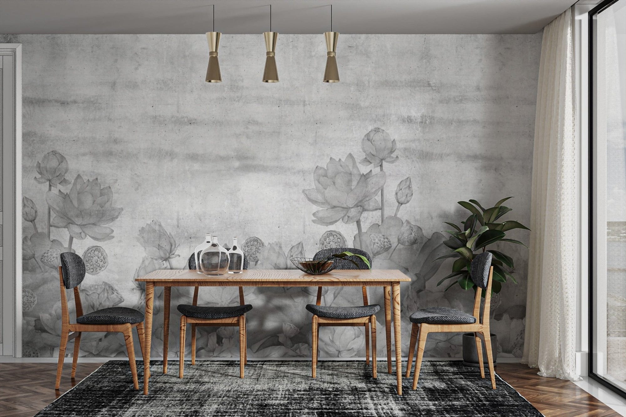 Elegant grayscale lotus wallpaper print
 D279